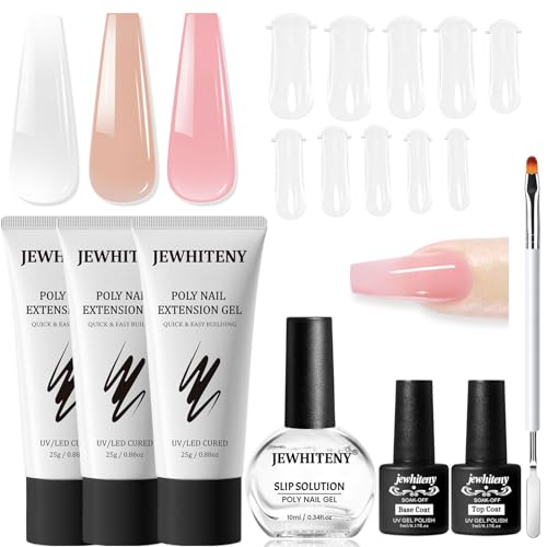 JEWHITENY Poly Extension Gel Nail Set Clear Pink Poly Nail Gel With Slip Solution Base Coat Top Coat French Manicure Need U V Lamp Curing for Finger Art and Home DIY set7