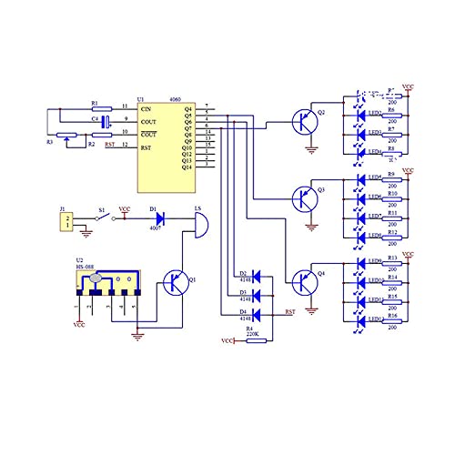 Detailed circuit diagram for the DC 5V Music Circuit LED Flashing Module, showing component connections and IC pinouts.