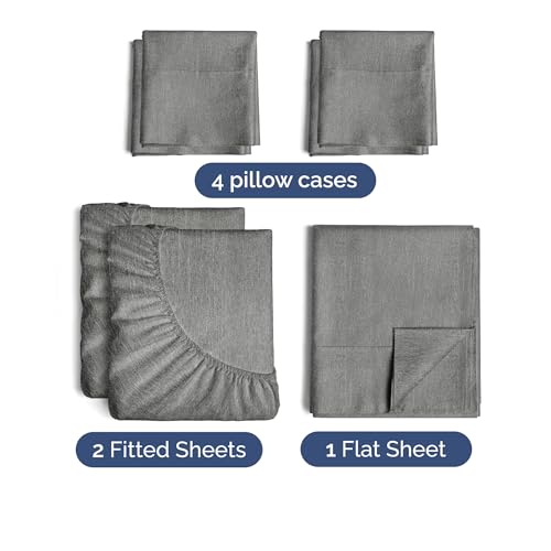 Image of Split King 7 Piece Bed Sheet Set - Breathable & Cooling - Heathered Grey | Ultra-Soft Hotel Luxury Bedding Set w / 8-16 Inch Deep Pockets, 1 Flat & 2 Fitted Sheet & 4 Pillowcases, Wrinkle & Fade Free