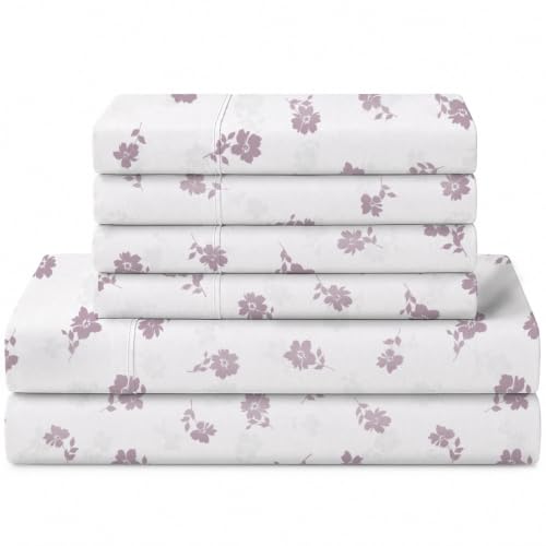 Image of Linen Home 100% Cotton Printed Percale Sheets King Size, Mauve Floral