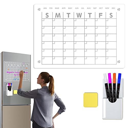 Richolyn Pizarra magnética de borrado en seco - Tablero planificador de acrílico Transparente de 17 Pulgadas x 12 Pulgadas para refrigerador - Calendario mensual Duradero con marcadores de 4 Colores Cover