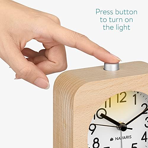 Navaris Analogue Wood Alarm Clock - Square Retro Table Clock Design with Snooze, Alarm, Backlight Functions - Light Brown Wood, White Face