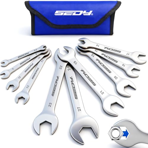 Image of 10-Piece Super Thin Open-End Wrench Set, Metric 5.5-27mm, 3mm Thickness Slim Wrench Set for Tight Spaces, Nickel Plated Flat Wrenches with Rolling Storage Pouch