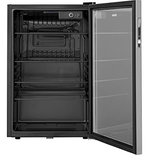 Haier 150-Can Mini Fridge With Lock & Key, Glass Door, Automatic Led Interior Light, 4 Full-Width Glass Shelves & Adjustable Thermostat, Stainless Steel #TOP2