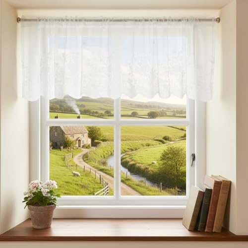 LXUEJIE Lace Valances for Windows, Window Toppers Valances Short Curtain Vintage Cream Sheer Valance Over Sink for Kitchen Half Window Bathroom Decoration Rod Pocket 51x16 inches 1 Pane(White)