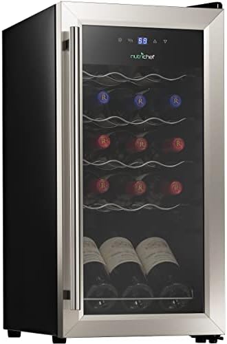 nutrichef Refrigerator-White and Red Chiller Countertop Cooler-Freestanding Compact Mini Wine Fridge, 15 Bottle - Stainless Steel, Digital Control, Stainless Steel Door
