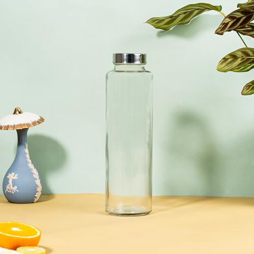 Image of Glassbunny Glass Water Bottle with Leak-Proof Airtight Stainless Steel Lid for Water, Smoothie, Juices Reusable Travel Drinking Fridge Bottle 1000ml BPA-Free Pack of 1