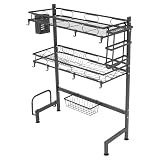 Geschirr Abtropfgestell Über Spüle, 2 Ebenen Kohlenstoffstahl, Großes Abtropfständer mit Utensilienhalter, Schneidebretthalter, stabiler Küchenorganizer, 10 kg Tragfähigkeit pro Ebene – Schwarz, 62cm