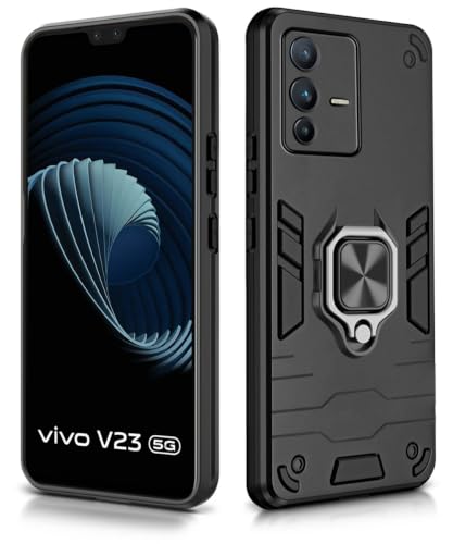 Image of WOW IMAGINE Shock Proof Back Case Mobile Cover for Vivo V23 | Back Cover Case (Tough Armor | Hybrid PC + TPU | Ring Holder & in-Built Kickstand | Black)