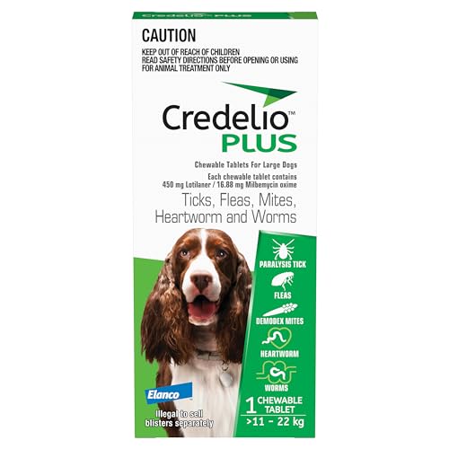 Credelio Plus Dog Flea and Tick Treatment, Single Pack, Ticks, Fleas, Mites, Heartworm & Worms Parasite Protection, in The Smallest Monthly Chewable Tablet for Dogs > 11-22 kg, 1 Pack
