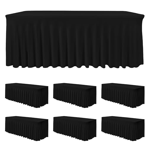 Image of HolidayIdeas Black 4ft Rectangle Spandex Tablecloth 6 Pack Fitted Stretch Table Skirts 24x48 Inch, Ruffle Design Wrinkle-Free Polyester Table Cover for Banquets,Trade Shows, Parties, Events