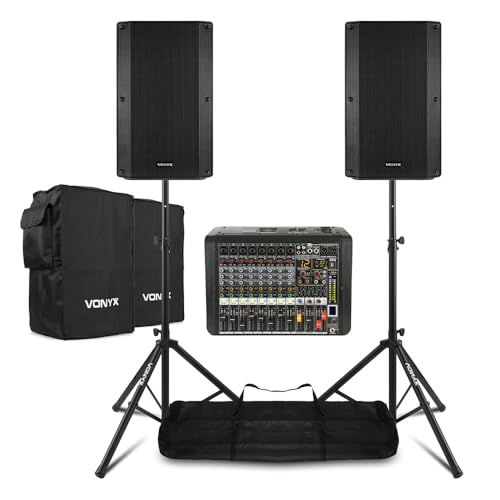 VONYX VSA12P 12-Inch Passive Band PA System with Power Dynamics PDM-S804A Powered Mixer, Speaker Stands, Covers & Cables - Complete Live Sound Package for Bands, DJs & Events