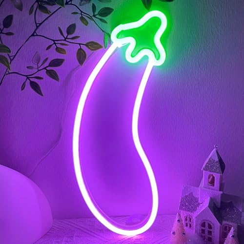 Image of HOHOSIGN Eggplant Neon Sign LED Eggplant Light Neon Signs for Wall Decor Neon Light, Funny USB /Battery Powered LED Sign Night Light for Bedroom Dorm Classroom Game Gaming Gamer Room