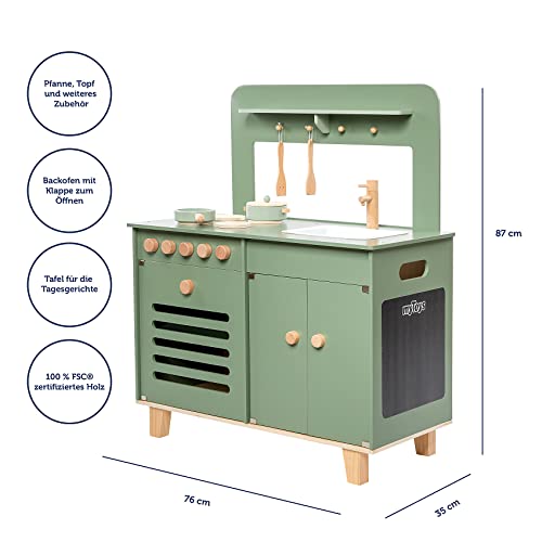 myToys ORIGINALS Spielküche groß, grün mit Zubehör, Herd mit 4 Holzplatten, inkl. Backofen, Pfanne, Topf, Tafel für… – Bild 3