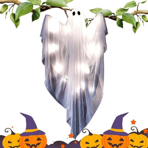 Decoración Fantasma Halloween | Decoración de Fantasmas con Luz Regulable para Halloween | Figuras Colgantes con Sonido Espeluznante Y Adorable,para Exterior Casa Ventana Porche Hogar Puert