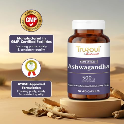 Image of Baidyanath Trusoul Ashwagandha 60 Veg Capsules | Supports Stress Relief Mood Stability | Rich in Antioxidants (Pack of 2)