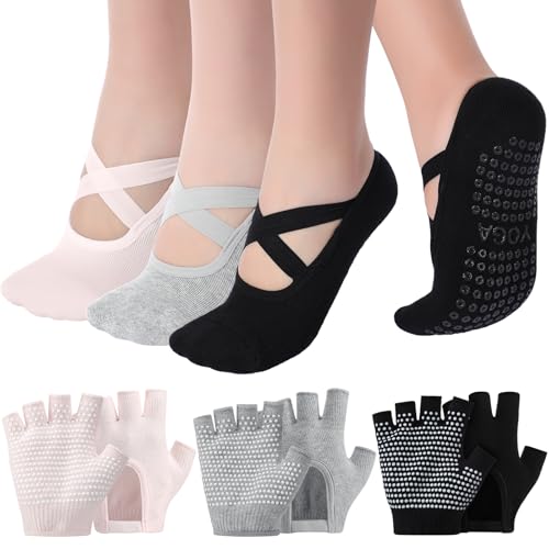 Shihanee 6 Pairs Non Slip Pilates Yoga Gloves Socks with Grip for Women Silicone Dot Grip Fingerless Gloves Socks Pilates Accessories for Ballet Barre Dance Fitness Winter Gifts