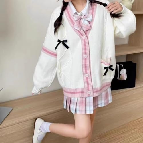 Preppy Kawaii Cute Cardigan Sweater for Teen Girls Women with Pastel Bows Loose-Fit Knitted Japanese2