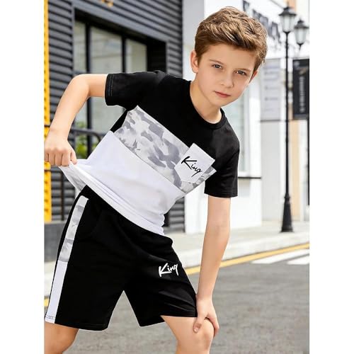 Image of Size 6-12 Years Boys Summer Outfits Set Kids Short Sleeve Top T-Shirt & Shorts Color Block Clothing Sets