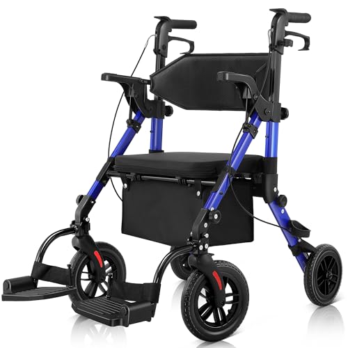Déambulateur pour personnes âgées avec siège, fauteuil roulant, fauteuil roulant de transport, léger et pliable, déambulateur roulant 2 en 1, chaise de transport à 4 roues pour adultes de 136,1 kg