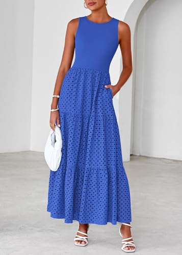 Lazysmile Womens Summer Dresses Crewneck Sleeveless A-Line Hollow Out Eyelet Tiered Tank Maxi Dress Sundress with Pockets Royal Blue — view 3