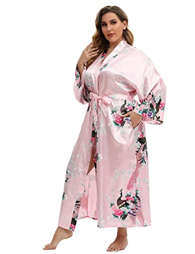 Image of Women's Floral Long Satin Robes Plus Size Long Silk Robes Peacock Floral Kimonos Sleepwear Dressing Gown