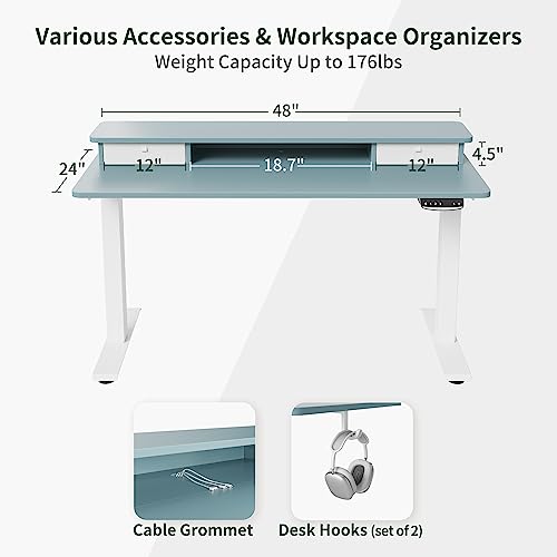 Image of FEZIBO Height Adjustable Electric Standing Desk with Double Drawer, 48 x 24 Inch Stand Up Table with Storage Shelf, Sit Stand Desk with Splice Board, White Frame /Blue Top