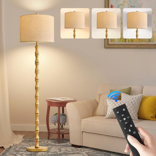 Image of Wood Floor Lamps for Living Room Rustic Floor Lamp with Remote Control & 3 Color Temperature,Dimmable Floor Lamp Gold Mid Century Modern Standing Lamp Tall Farmhouse Floor Lamp For Bedroom Corner