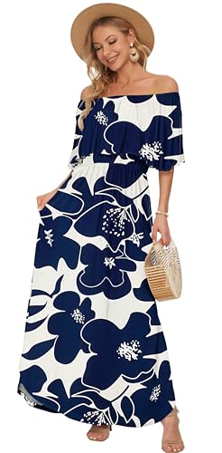 Image of AUSELILY Womens Off Shoulder Ruffle Split Summer Maxi Dresses with Pockets | Off-shoulder Ruffle dress with empire waist & side split for summer beach and casual parties