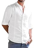 Herren Baumwolle Hemd Stehkragen Sommerhemd 3/4 Langarm Leicht Freizeithemd Lose Shirts, A-Weiß, M