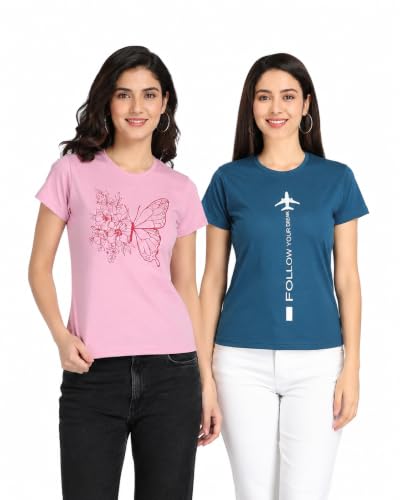 Image of Women's Slim Fit Graphic Printed T-Shirt | Soft 100% Cotton Fabric | Round Neck Half Sleeve Casual Top, Travel & College Pack of 2 Set