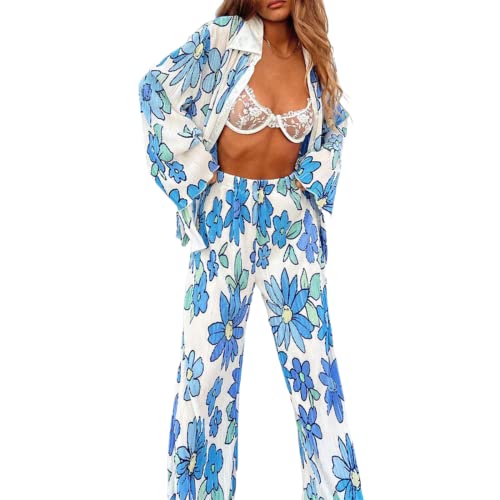 Nufiwi Women Y2K 2 Piece Pants Set Oversized Floral Printed Button Down Shirt High Waist Pants Outfits Summer Streetwear (A Floral Blue, Medium) #TOP1