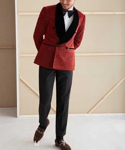 Men's Prom Suit 2 Pieces Tuxedo Shiny Blazer Velvet Shawl Lapel Jacket Pants Set for Homecoming,Wedding Party,Dinner3