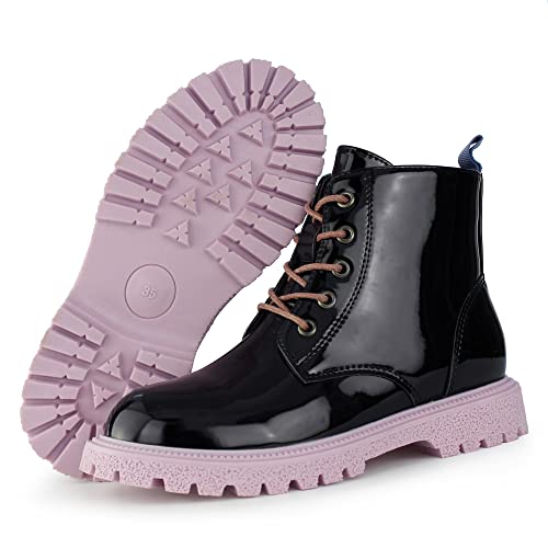 Hawkwell Girls Boys Patent Waterproof Side Zipper Ankle Boots(Toddler/Little Kid/Big Kid), Black Pink Pu, 13 M Us #TOP3
