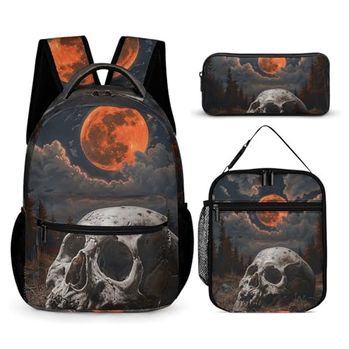 Night And Skull Backpack Set 3 Piece, Durable Backpack Insulated Lunch Bag Portable Pencil Case for Men Women