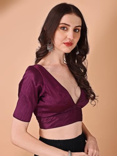Image of Womanista Women's Dupion Silk Half Sleeve Solid V Neck Readymade Saree Blouse Stylish
