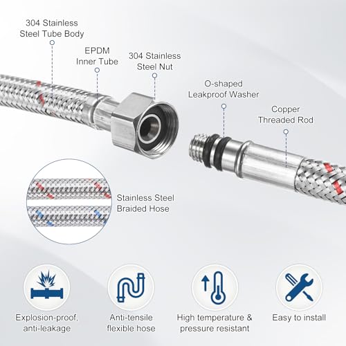 M METERXITY 2-Pack 31 Inch Faucet Hose Connector, 9/16 Inch Female Compression M8 Male Connector Braided Stainless Steel Water Supply Line for Bathroom/Kitchen, Faucet Supply Lines by M METERXITY - Image 2