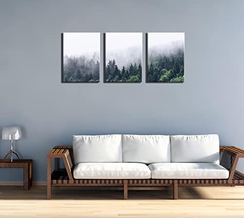 Green Forest Prints Trees Landscape Pictures - Misty Mountain Wall Art Foggy Forest Artwork Framed 3 PCS Canvas Paintings 12 x 16 Inches Tropical Posters For Bedroom Bathroom Living Room Kithcen Decor