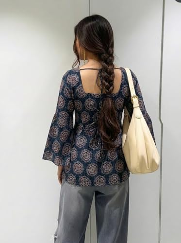 Image of ANNI Designer Women's Viscose Blend Printed Short Kurti | Straight Fit Casual Ethnic Top | Square Neck Full Sleeve Kurta Office College