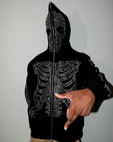 Zfoflik Hoodies Y2K Zip Up Hoodie Rhinestone Skeleton Goth Sweater Y2K Jackets Punk Streetwear Hoodie Spider Skull Sweatshirt-M #TOP1