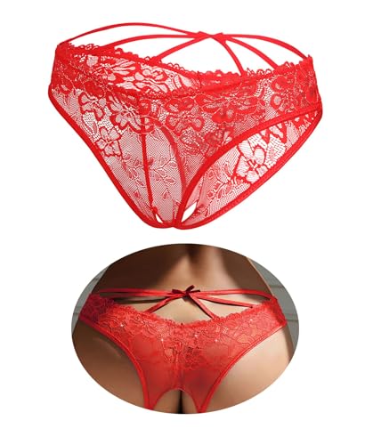 ohyeahlady Lace Thong Underwear Hollow Sexy Panties for Women Cheeky Knickers Back Crisscross Bikini Briefs Ladies Knickers Size 12 Red