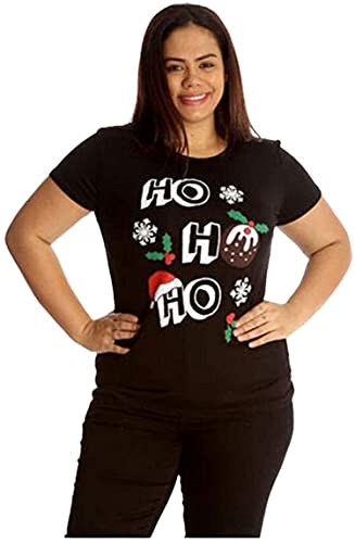 H&F ® Women’s Ladies Short Sleeve Round Neck Snowflake Reindeer Hanky Xmas Top Rudolph Reindeer Christmas Print T-Shirt Sizes (HO HO Black, 14)