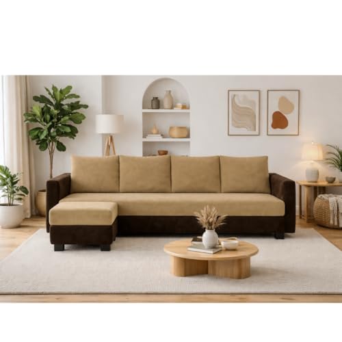 Image of SOCOZI Braven 5 Seater L Shape Sofa Set with Movable Ottoman | Flexible Layout | Soft Velvet Suede Fabric | Modern Design | Plush Comfort Cushions for Living Room (Camel Brown-Dark Brown)