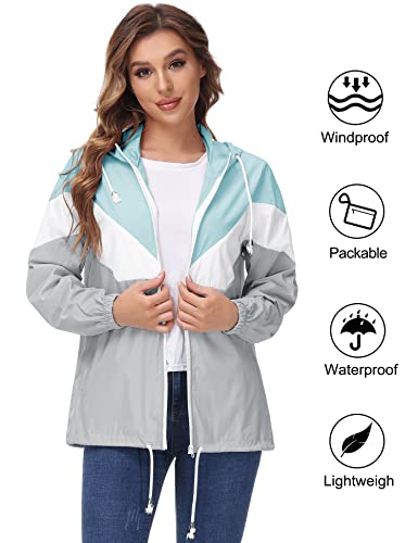 Avoogue Raincoats For Women Lightweight Packable Waterproof Windbreaker Outdoor Color Block Hooded Rain Jackets For Travel Outdoor Sports,Mint Green And Grey #TOP1