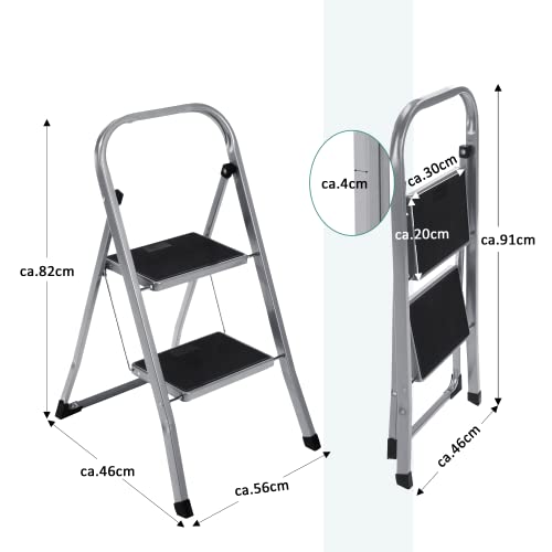 Trittleiter 2 Stufen Leiter Klapptritt Klappleiter Klapptreppe Tritt Haushaltstritt Stehleiter Sprossenleiter klappbar faltbar bis 150 kg (2 Stufen, Silber/schwarz)