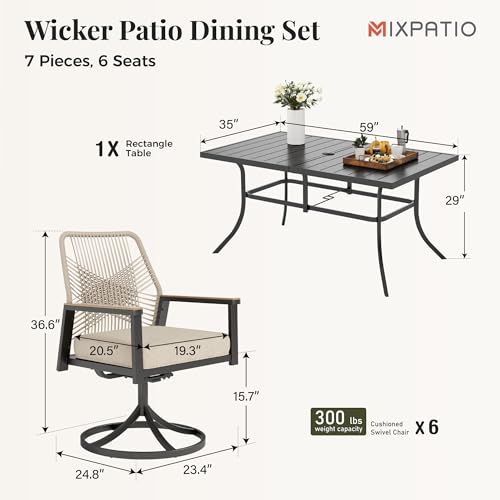 Image of MIXPATIO 7 Pieces Outdoor Patio Dining Set, Rectangular Metal Patio Table with Umbrella Hole, 6 x Swivel Rope Rattan Chairs with 3.2 inch Cushion for Yard, Porch, Beige