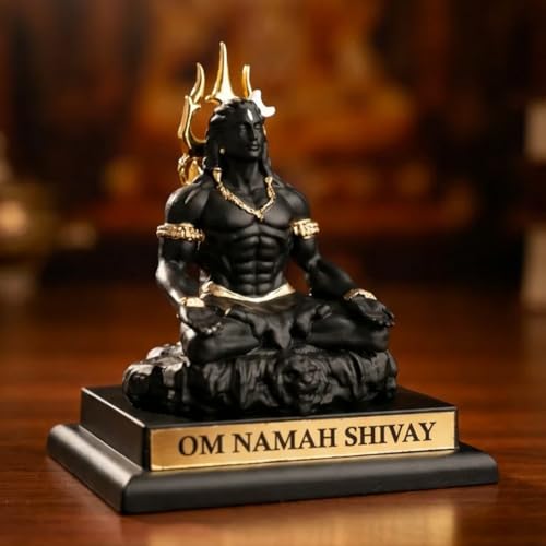 Image of Divine Hindu Adiyogi Shiva Trishul Damru with Base | Gold-Tone Resin Showpiece for Home Temple & Office Desk | Maha Shivratri, Sawan & Diwali Gift | Lord Shiva Idol for Meditation Space