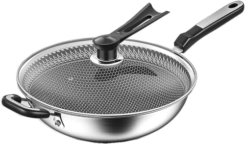 Wok Pan de acero inoxidable con tapa de vidrio templado 32cm