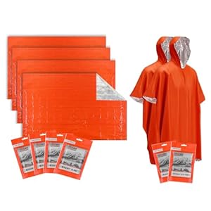 Emergency Blanket 4 Pack (82″ x 60″), Emergency Poncho 2 Pack (53″ x 51″) with Mylar Blanket Liner, Larger and Thicker Survival Blanket