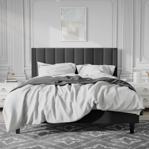Image of SUHAVI Upholstered Bed King Size Without Storage Solid Sheesham Wood Modern Premium Fabric Upholstery Cushion Headboard | King Bed for Bedroom Wooden Double Bed Cot 1 year warranty 78x72 Black